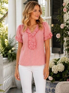 Max Studio Faded Rose Stripe Ruffle Cotton Blouse NWT Size XS Cottagecore